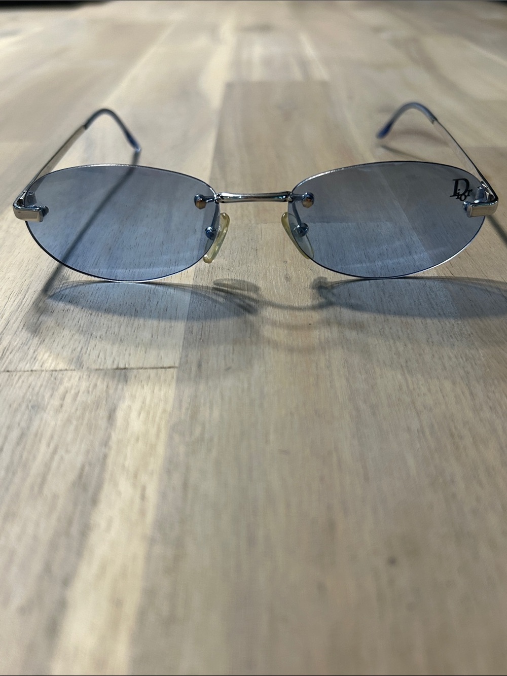 Christian Dior VTG Silver Blue Tinted Rimless Sunglasses Dragon 58ENH Silvery
